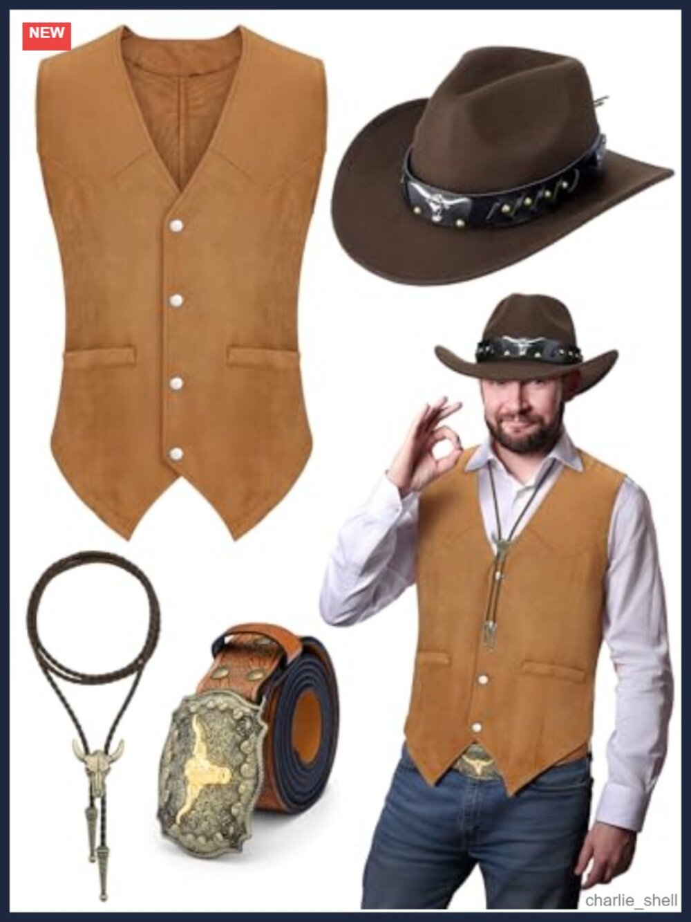 4 Pc Men's Cowboy Costume Set Faux Suede Vest Hat Belt Bolo Tie Western
